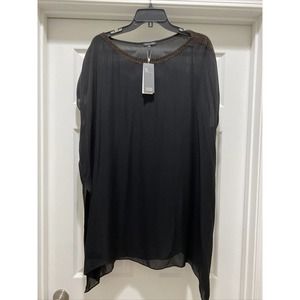 Eileen Fisher NWT Beaded Bateau Neck Boxy Tunic Top Georgette Black Silk Large L
